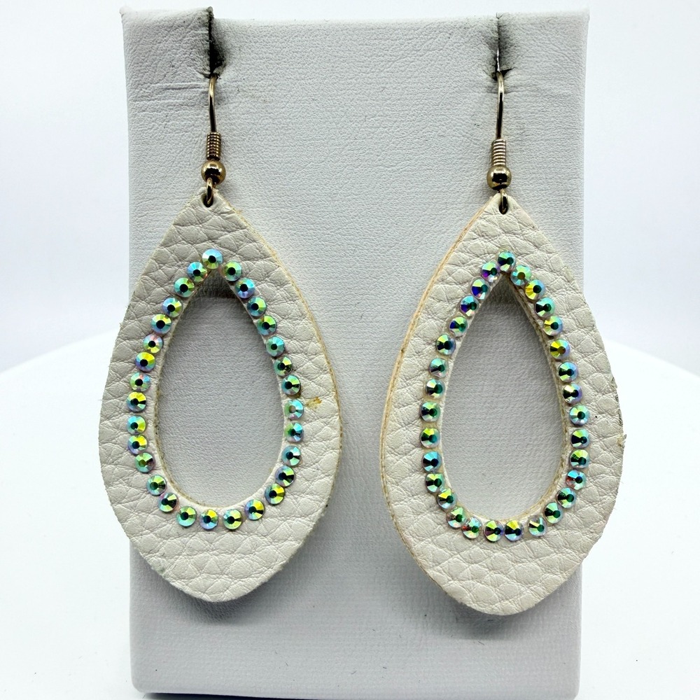 Vintage Cream Faux Leather Tear Drop Earrings with Iridescent AB